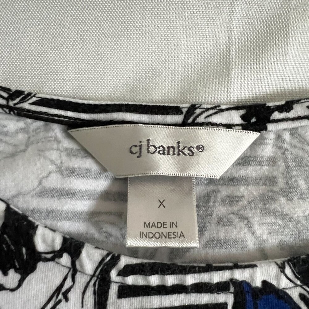 CJ Banks Womens Floral & Stripe Print Long Sleeve Top X Black/White/Blue - Picture 2 of 3